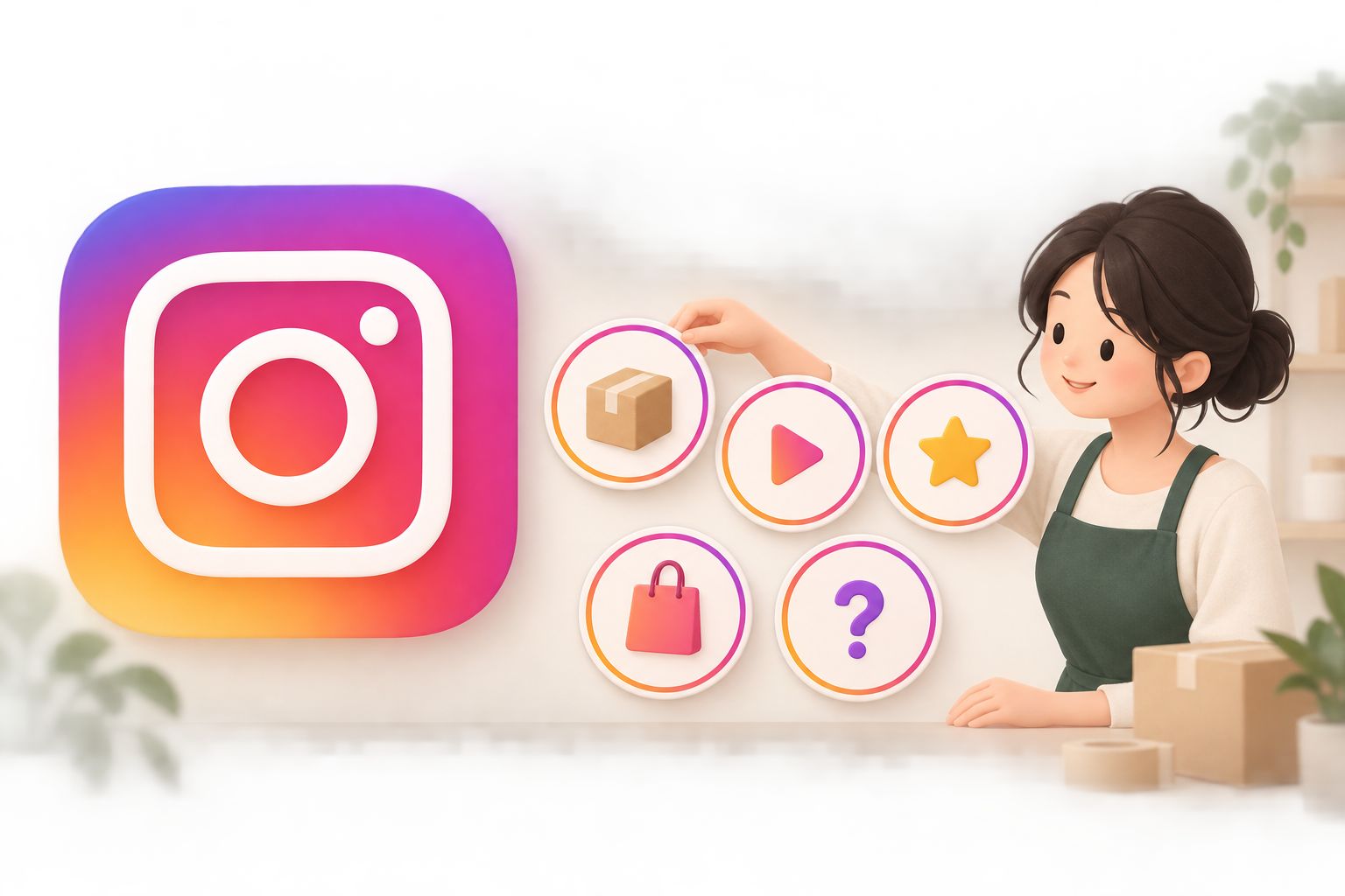Large Instagram logo with five icons representing products, how-to guides, reviews, ordering, and FAQs