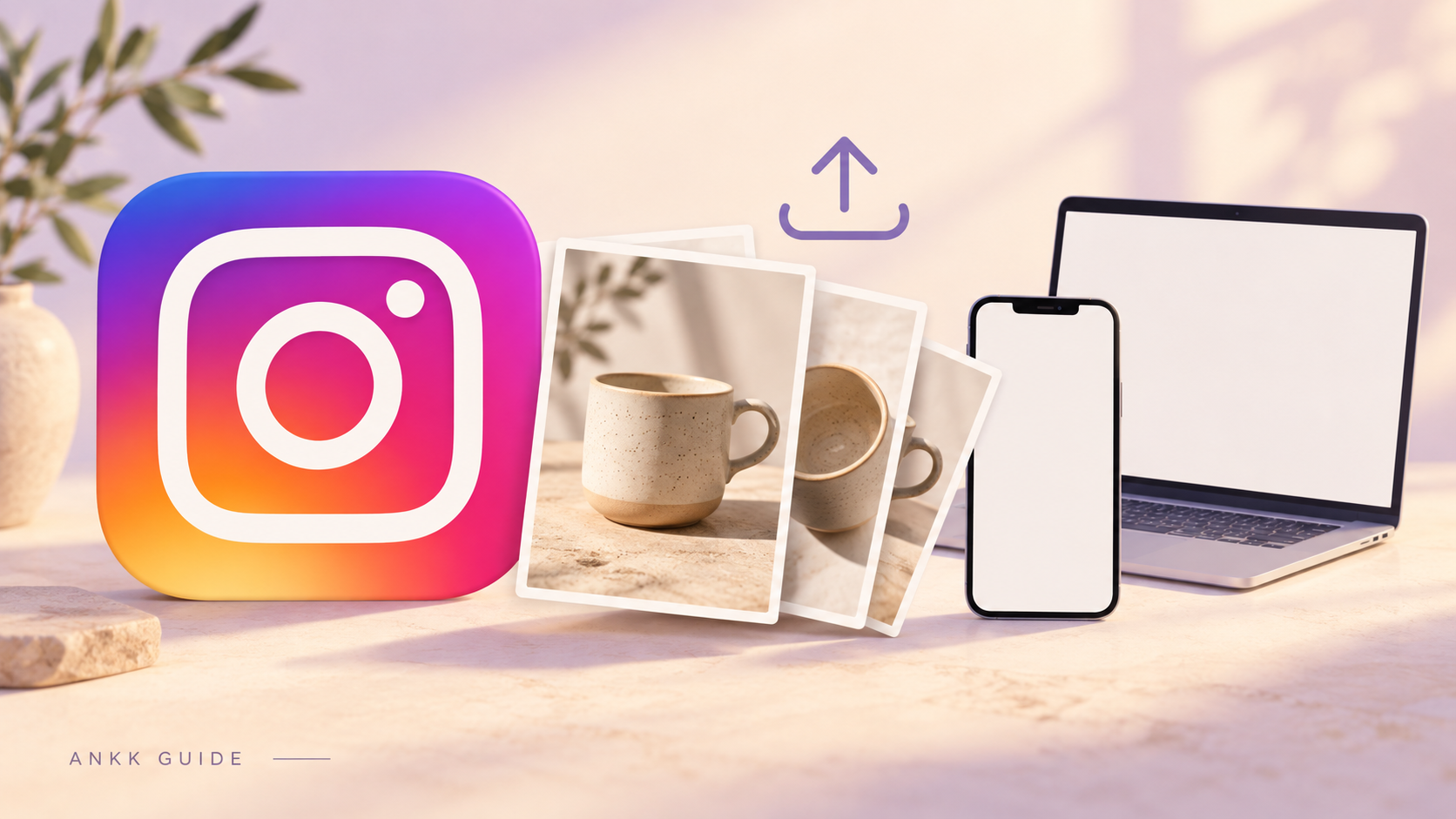 Instagram posting guide illustration with a large Instagram logo, three photo cards, a phone, and a laptop