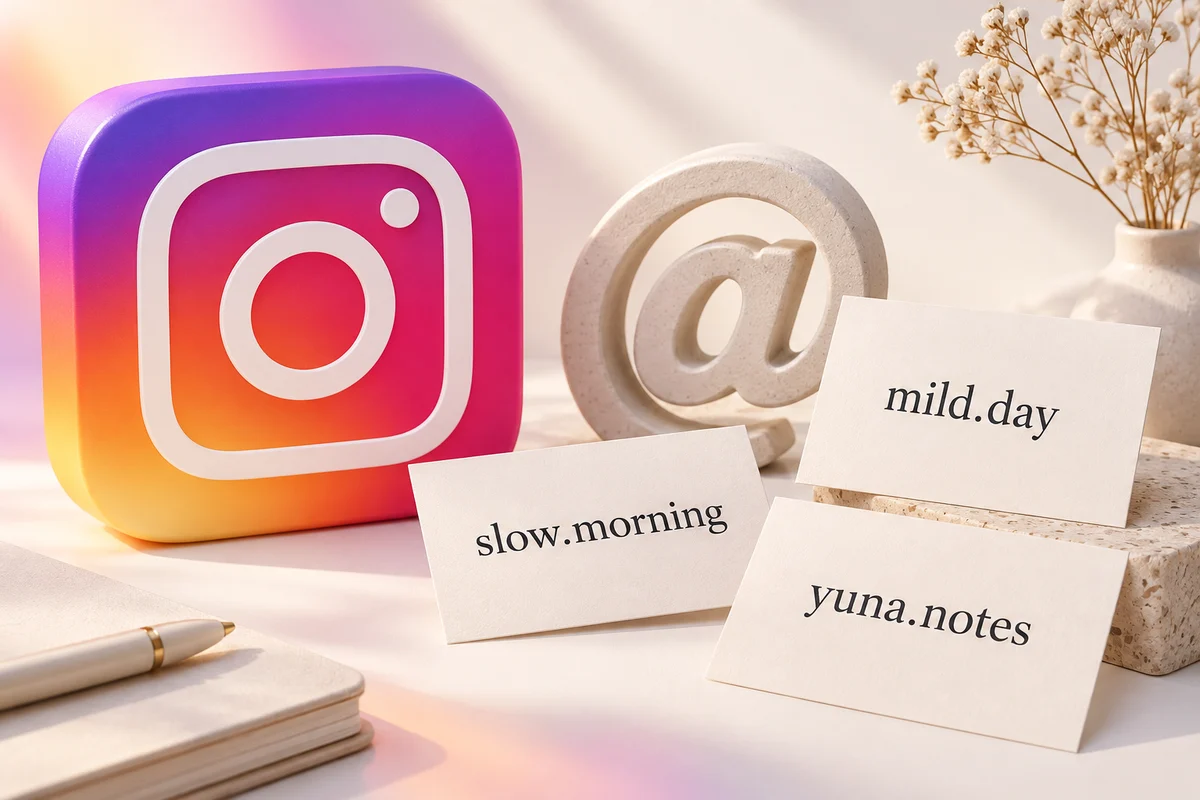 A large Instagram logo and an at sign beside cards showing mild.day, slow.morning, and yuna.notes