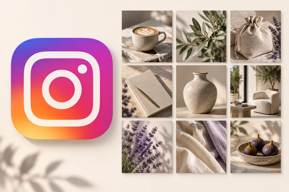 A large Instagram logo beside nine photos in warm, coordinated tones