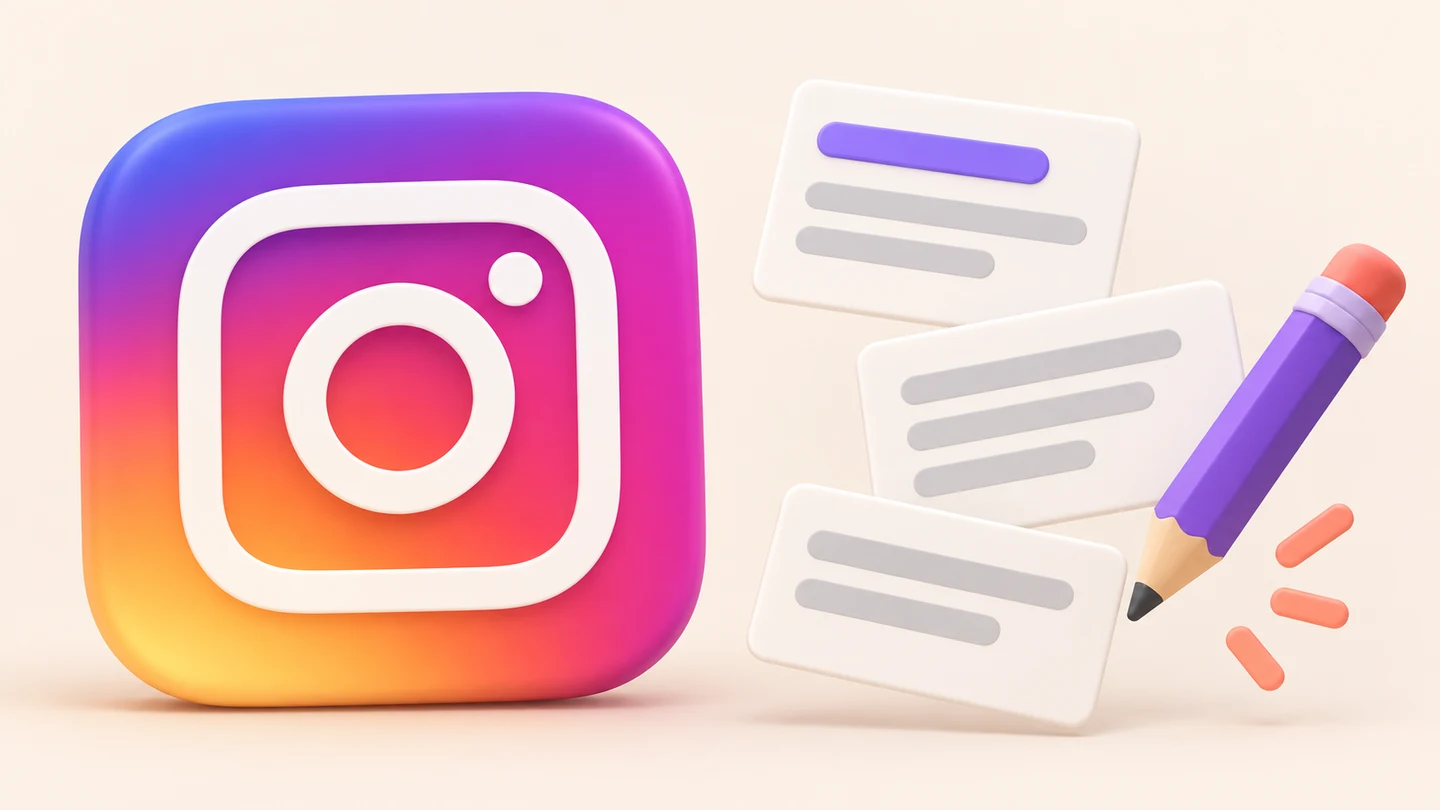 Instagram logo beside caption cards and a pencil, illustrating a guide to writing captions