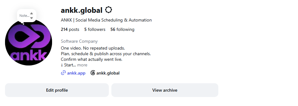 ANKK's English Instagram profile showing its Software Company category, bio, and website link