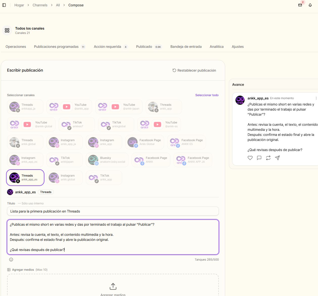 Espacio de trabajo actual de Ankk en español con la cuenta de Threads ankk_app_es seleccionada y una vista previa