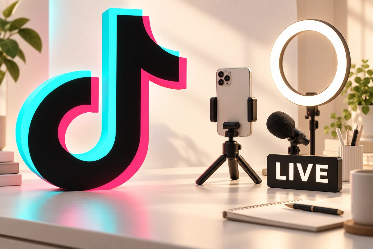 A large TikTok logo beside a LIVE sign, phone tripod, microphone, and ring light in a broadcast preparation illustration