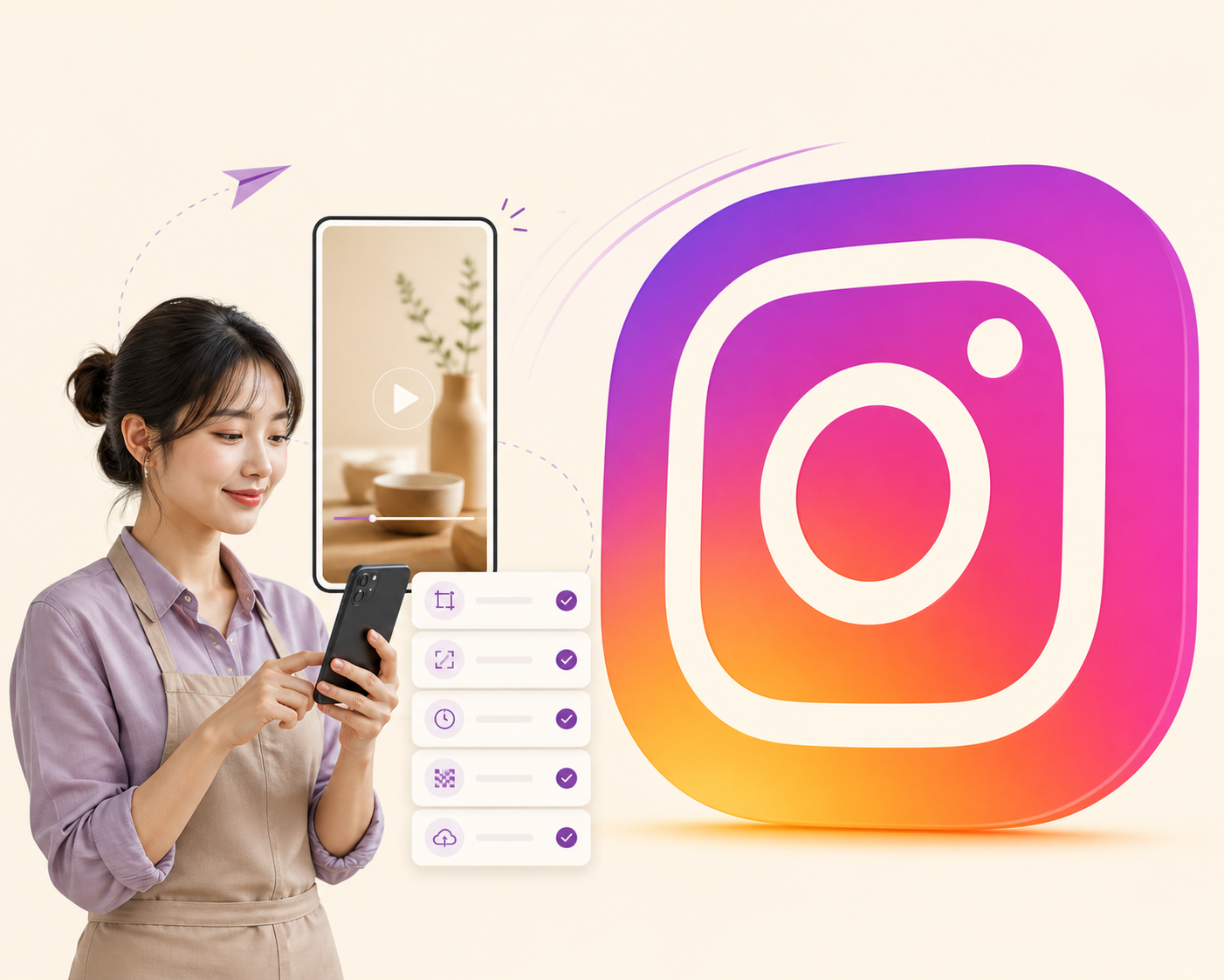 A large Instagram logo beside a solo creator checking a vertical Reel and pre-publish checklist on a phone