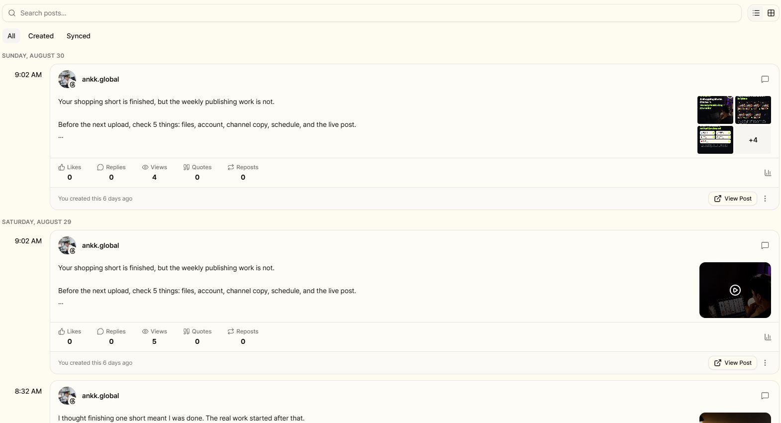 The current English Ankk Published view showing ankk.global posts with final status information and View Post links