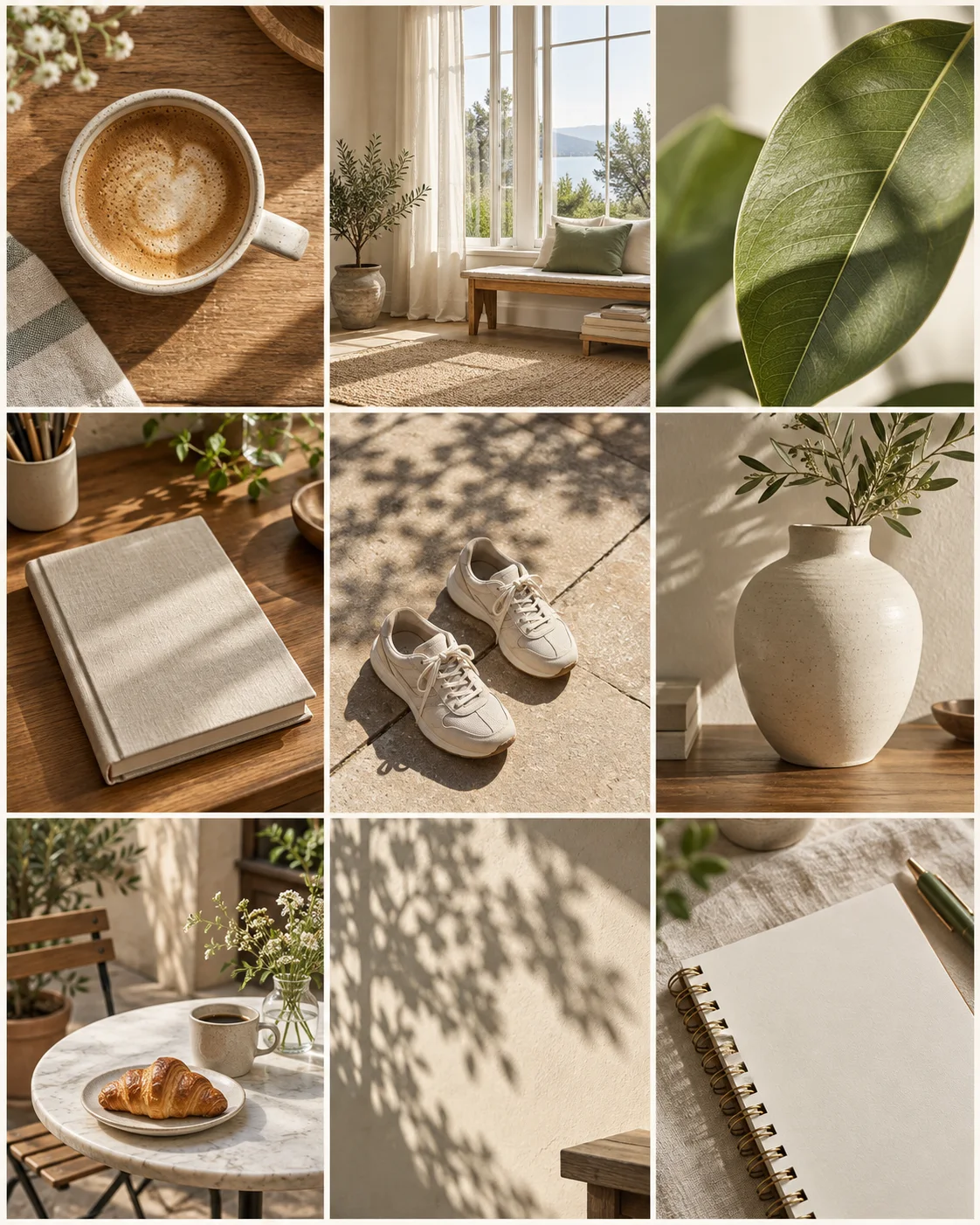 Nine fictional everyday photos of coffee, a window, a leaf, a book, shoes, a vase, and other details in warm tones