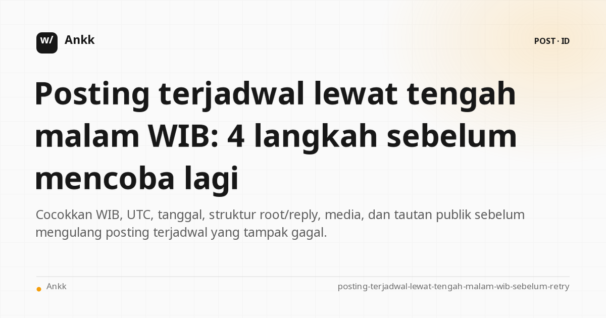 Lembar bukti posting terjadwal yang membandingkan WIB, UTC, root, reply, media, dan tautan